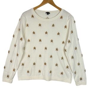 Talbots Women's Cream Star Sweater Metallic Detail‎ Lambswool Blend Knit
